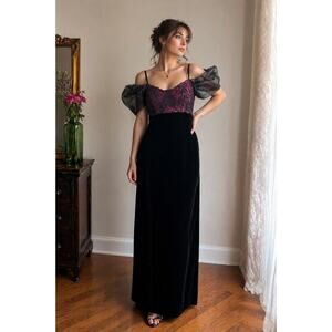 Vintage Jessica McClintock Gunne Sax Velvet Empire Waist Beaded Maxi Gown